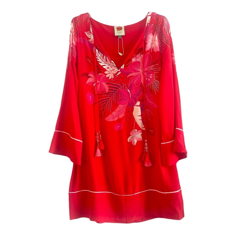 Farm Rio Red Beaded Tassle Loose Fit Shift Dress